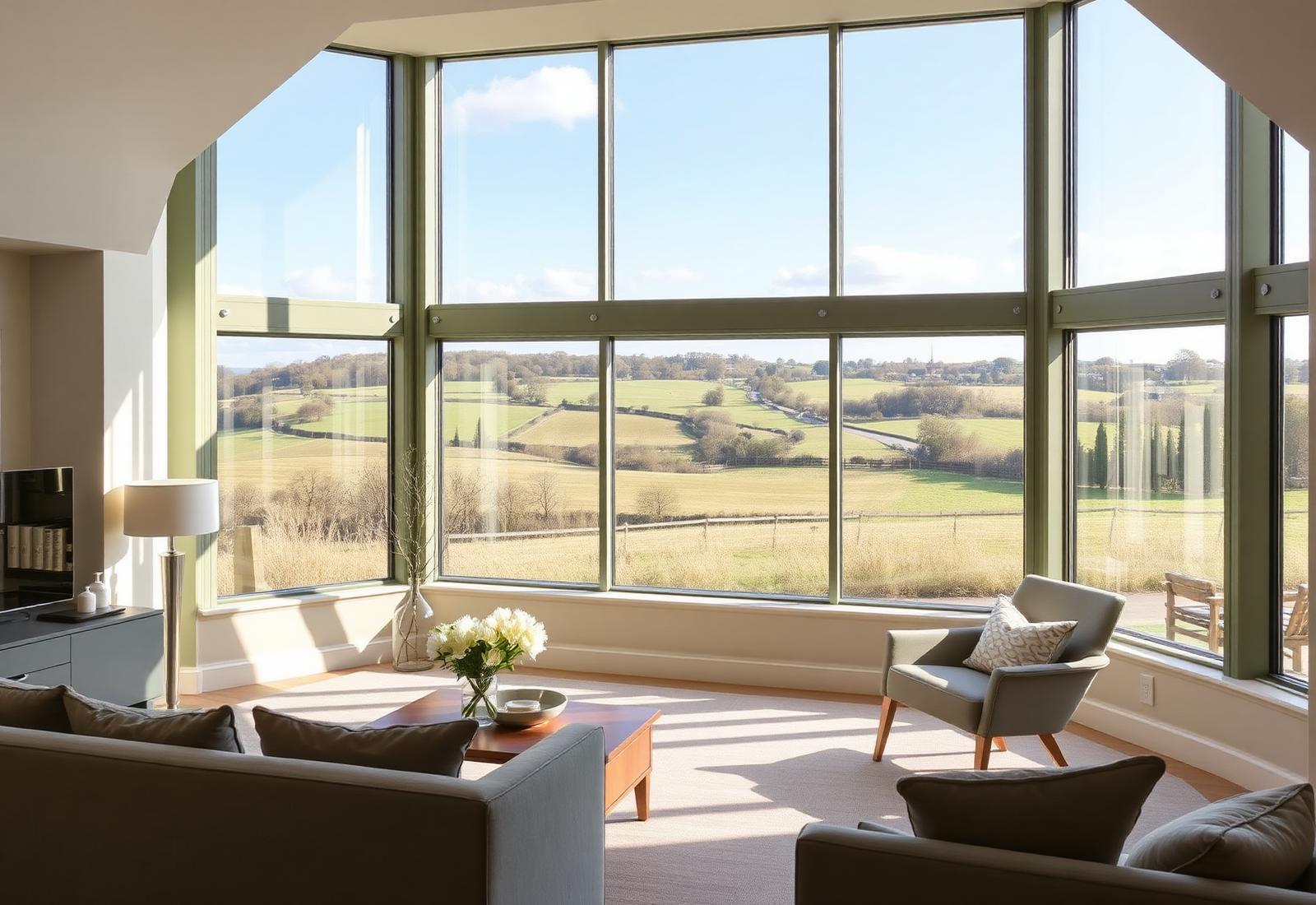 Serviced apartment interior overlooking Yorkshire countryside
